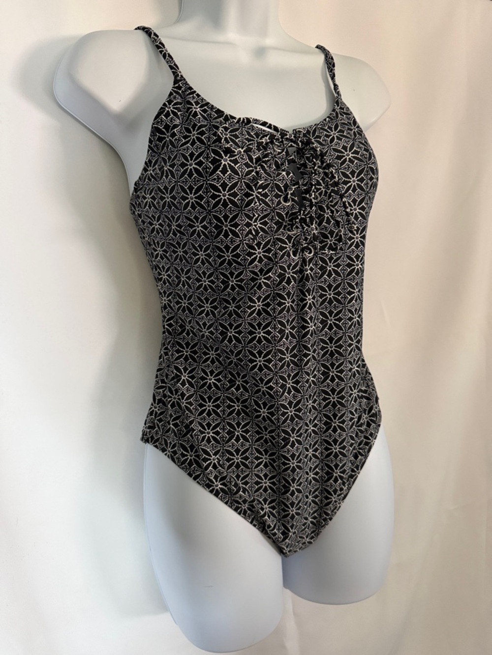 Women’s Black Patterned One-Piece Swimsuit with Lace-Up Front